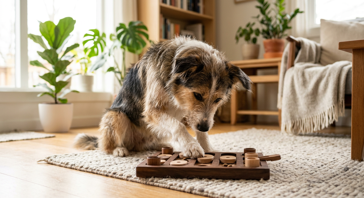 A Border Collie focused on solving an interactive food puzzle toy on a living room rug.