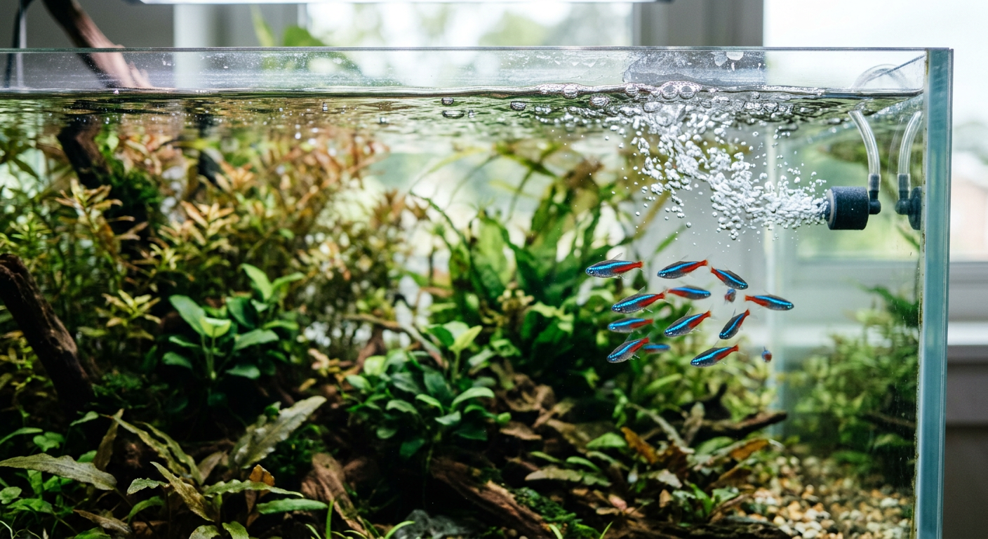 A group of neon tetra fish swimming near the water surface in a clear aquarium with bubbles.