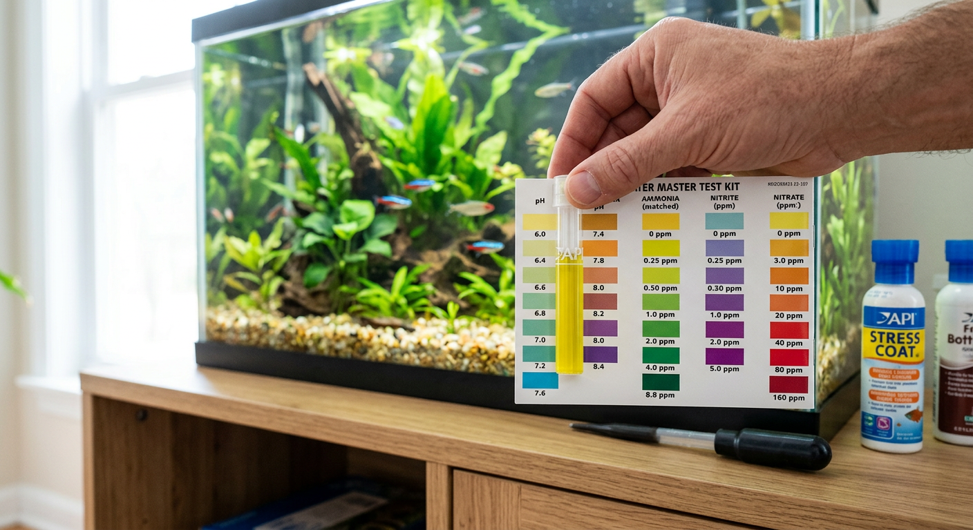 A person using a liquid test kit to check the water quality of a home aquarium.