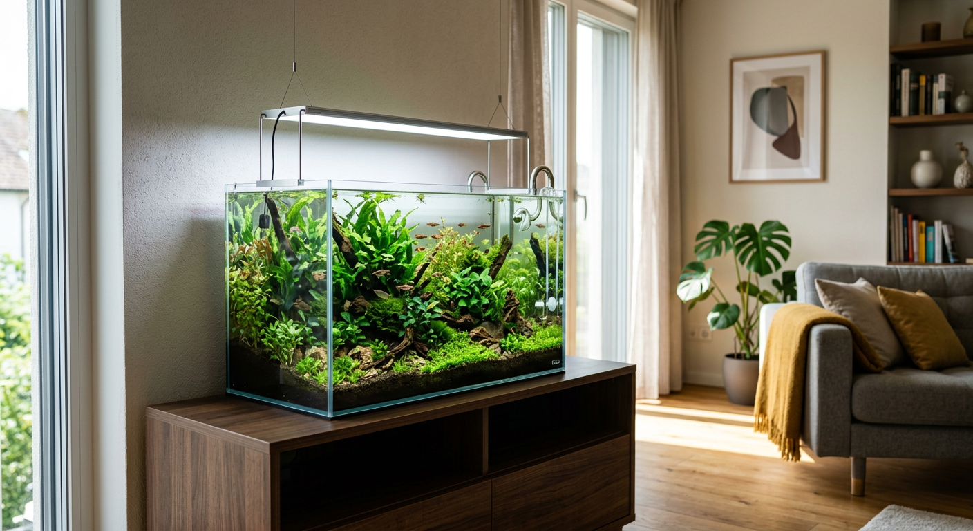 A clean modern aquarium with a filter and green plants in a bright living room.