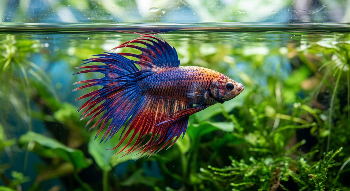 A colorful Betta fish struggling with buoyancy, floating sideways near the water surface of a planted aquarium.