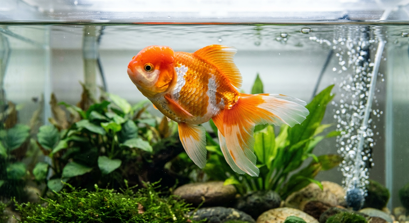 A goldfish swimming awkwardly near the surface of a clear aquarium with bubbles in the background.