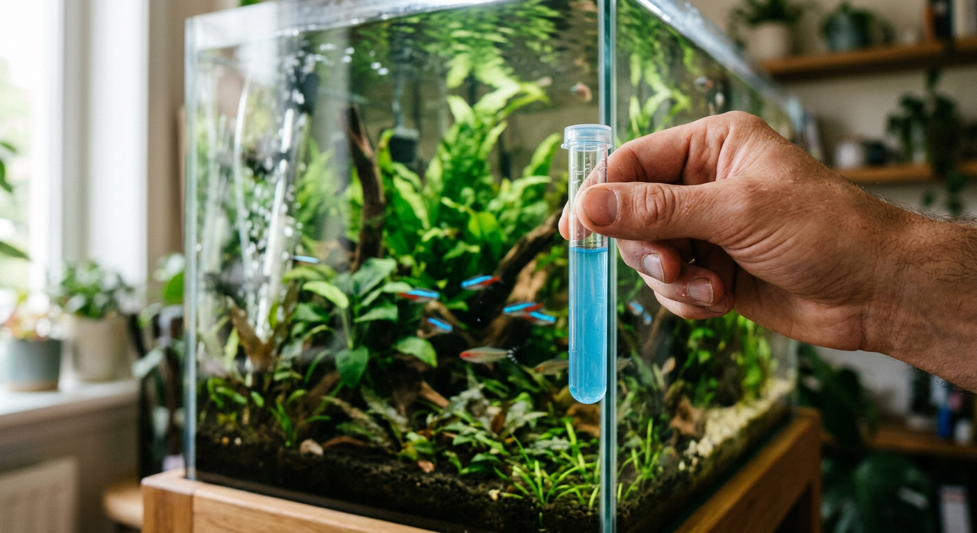 A hand testing aquarium water quality with a test tube next to a fish tank.