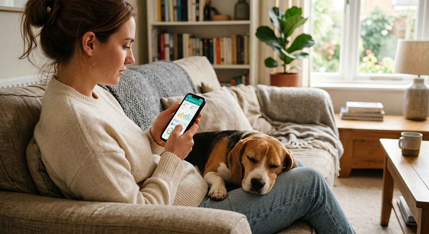 A concerned owner uses a smartphone to check the symptoms of their Beagle sitting calmly nearby.