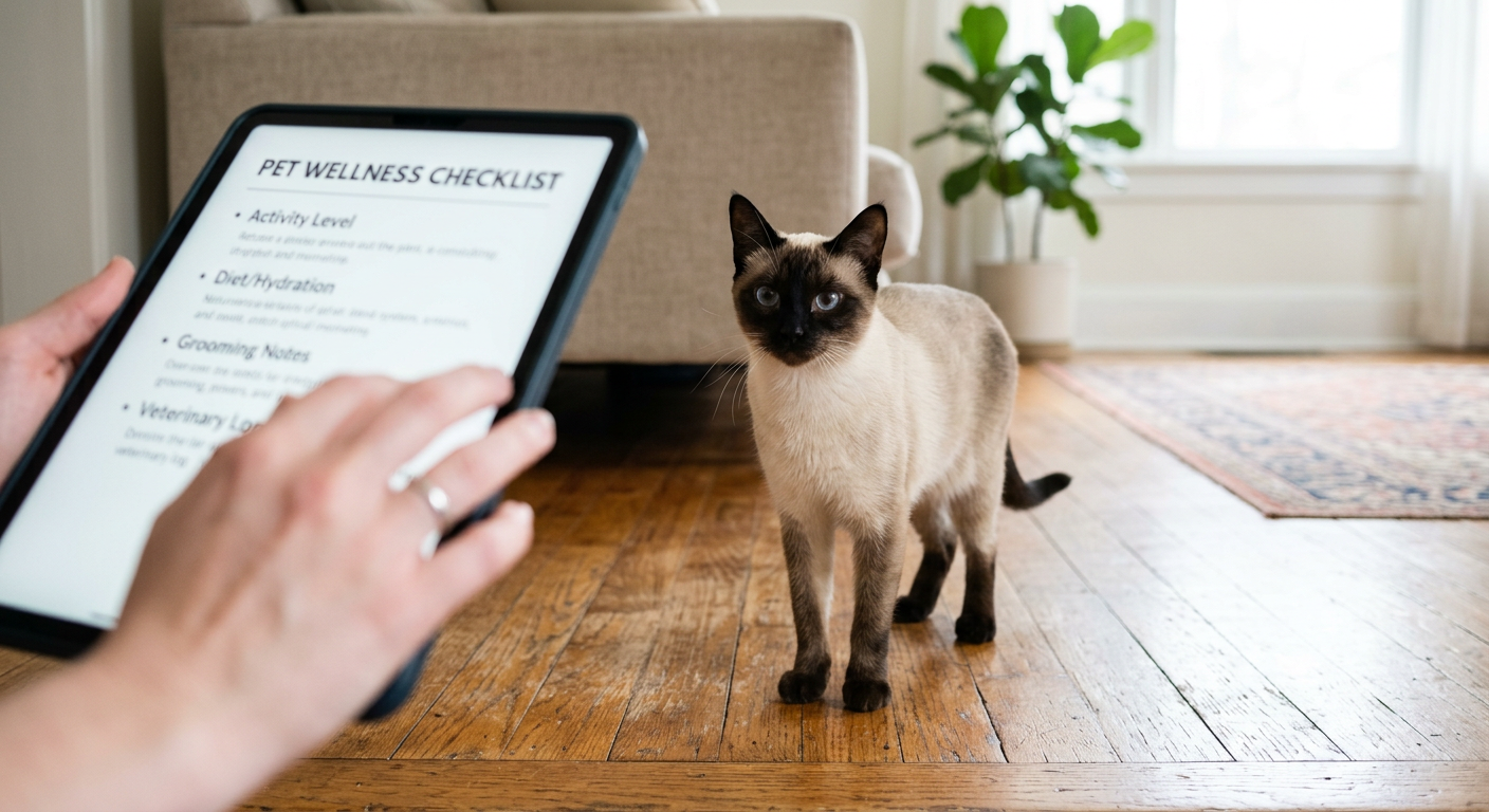 A Siamese cat being observed by an owner holding a tablet in a bright living room.
