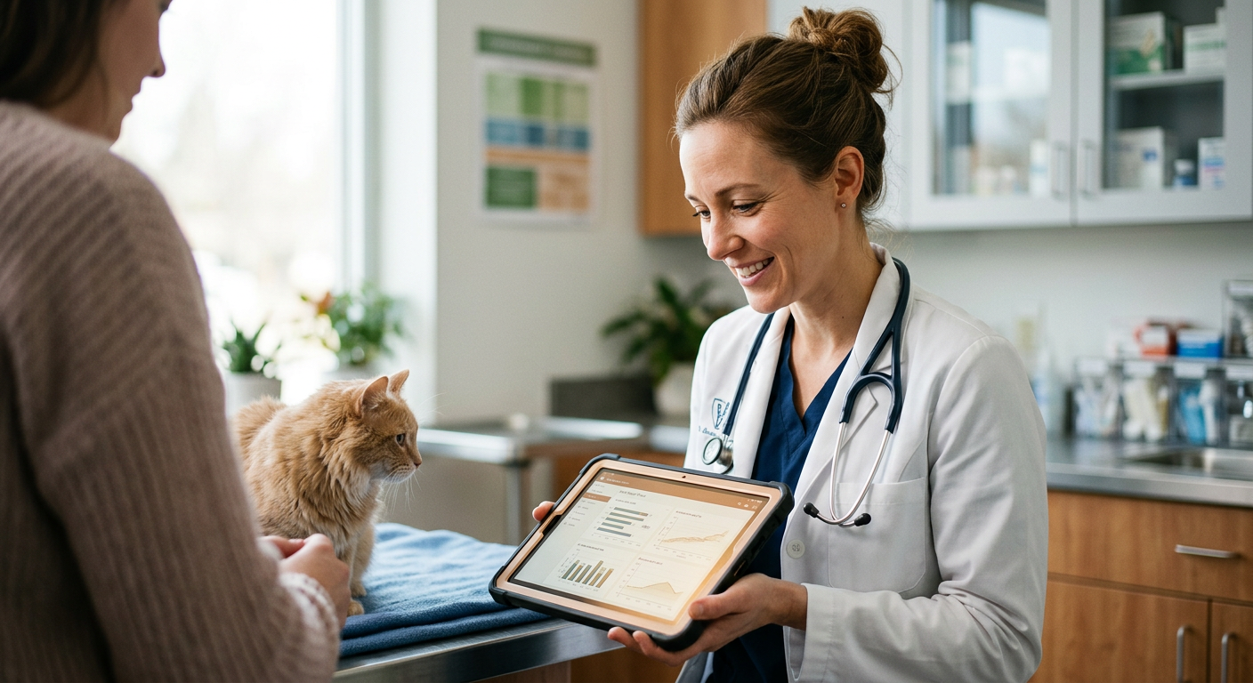A veterinarian reviewing digital notes on a clipboard while talking to a pet owner.
