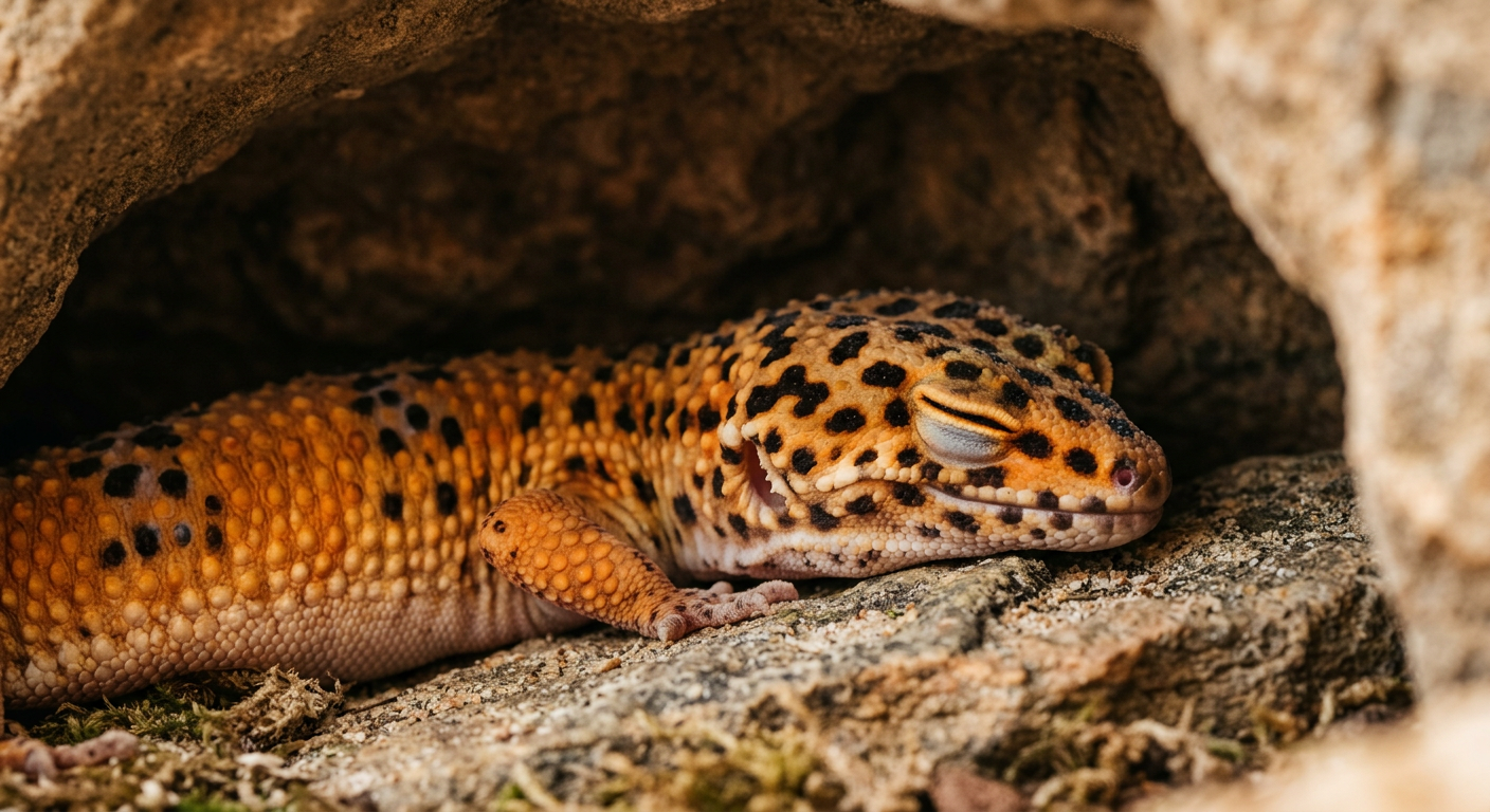 A leopard gecko resting inside a dark rock hide with its eyes closed naturally during the daytime.