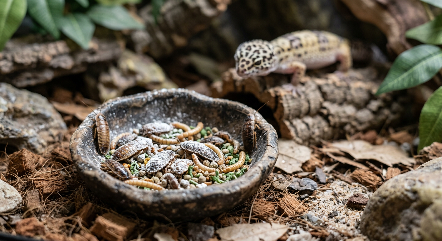 A variety of gut-loaded dubia roaches and mealworms in a bowl for a gecko's Vitamin A health.