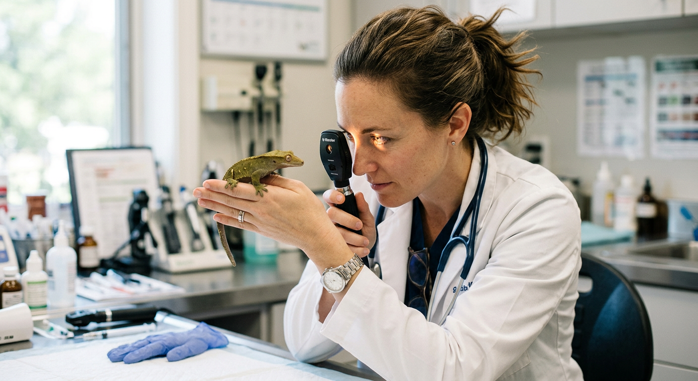 A professional exotic veterinarian gently examining a small gecko's eyes with a magnifying tool.