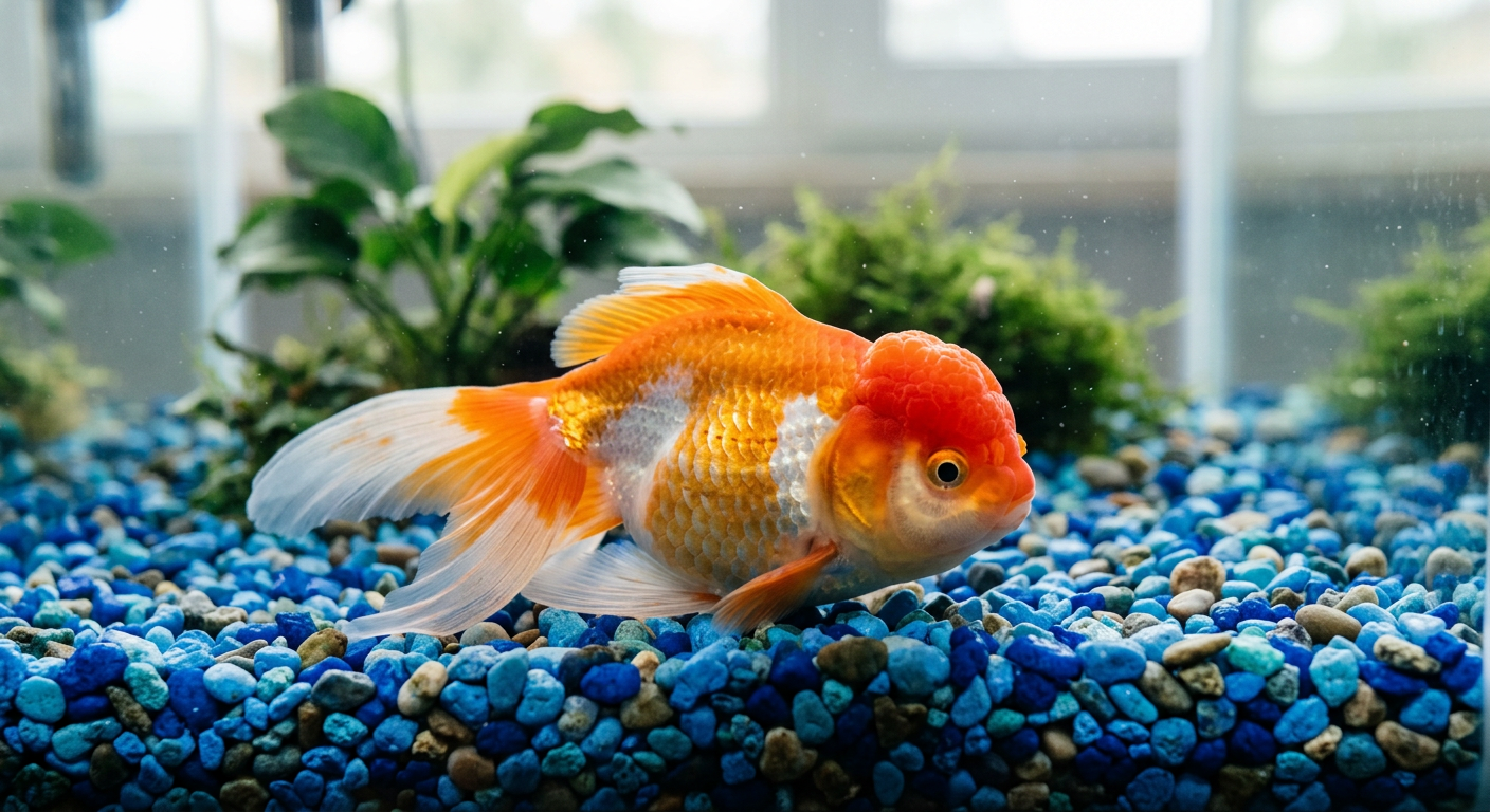 A bright orange Oranda goldfish resting quietly on smooth blue gravel at the bottom of a clean aquarium.
