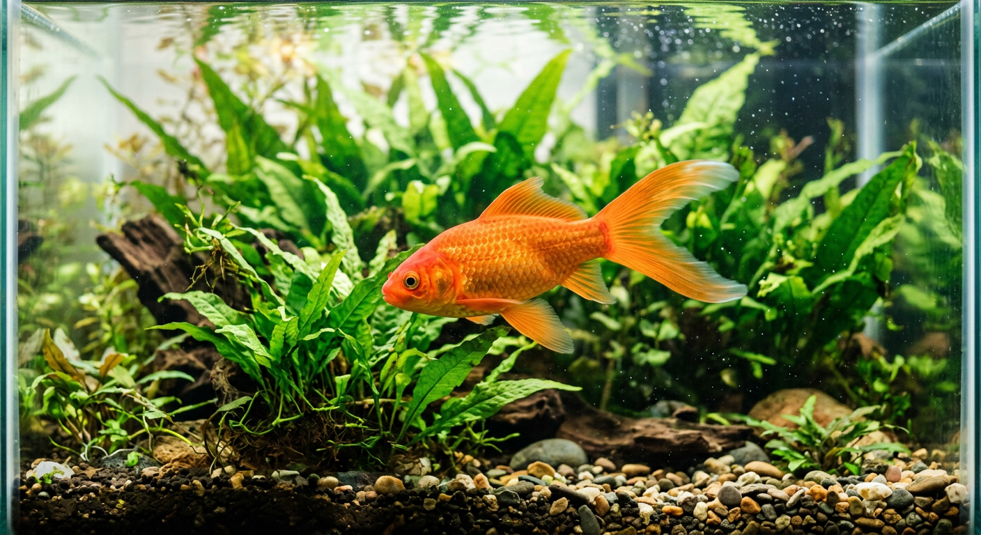 A healthy Comet goldfish swimming near green aquatic plants in a well-maintained home aquarium.
