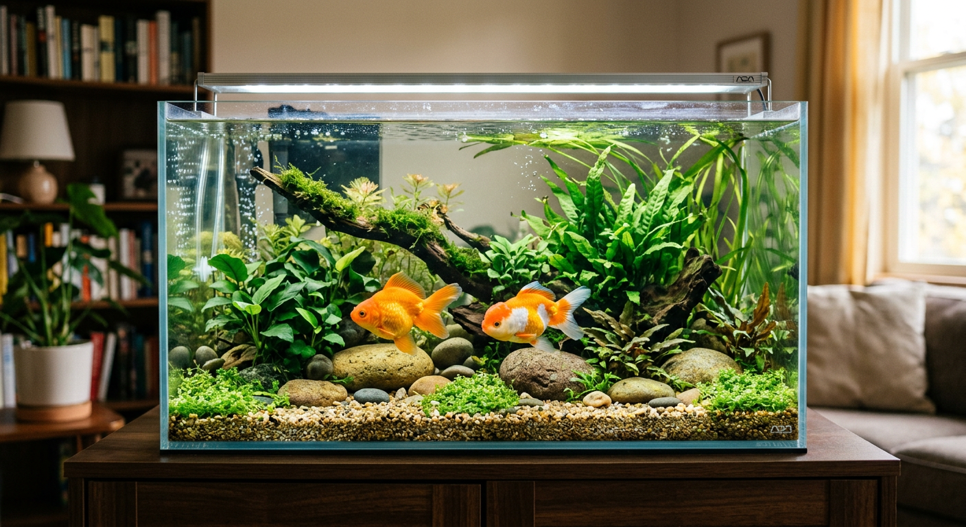 A wide view of a decorated 30-gallon aquarium with goldfish and natural stone decorations.