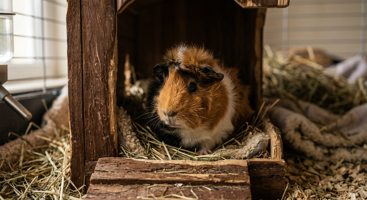 A cute Abyssinian guinea pig sitting in a wooden hideout inside a clean cage at night.