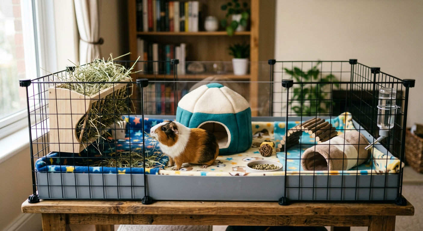 A spacious guinea pig C&C cage with colorful fleece bedding, hay, and water bottles.