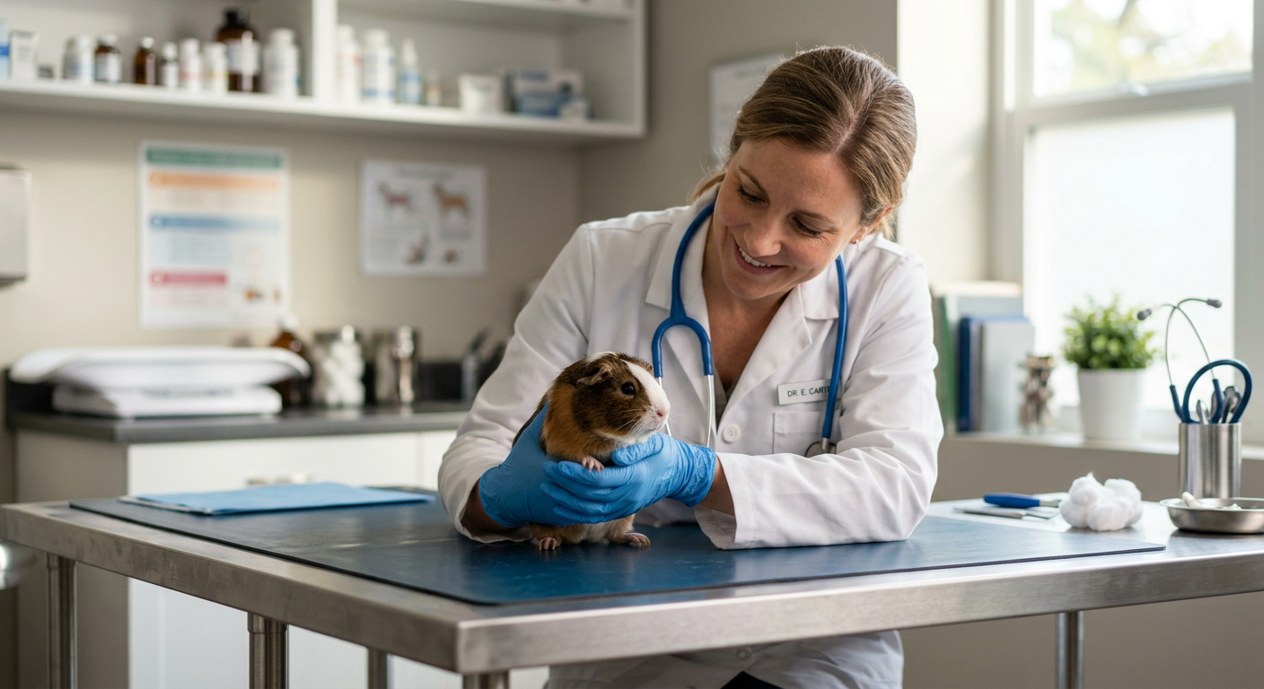 A gentle veterinarian examining a small American guinea pig in a bright clinic.