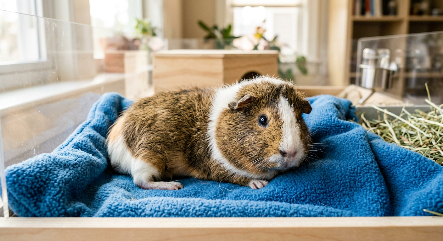 A tricolor Abyssinian guinea pig resting on soft blue fleece bedding in a well-lit cage.