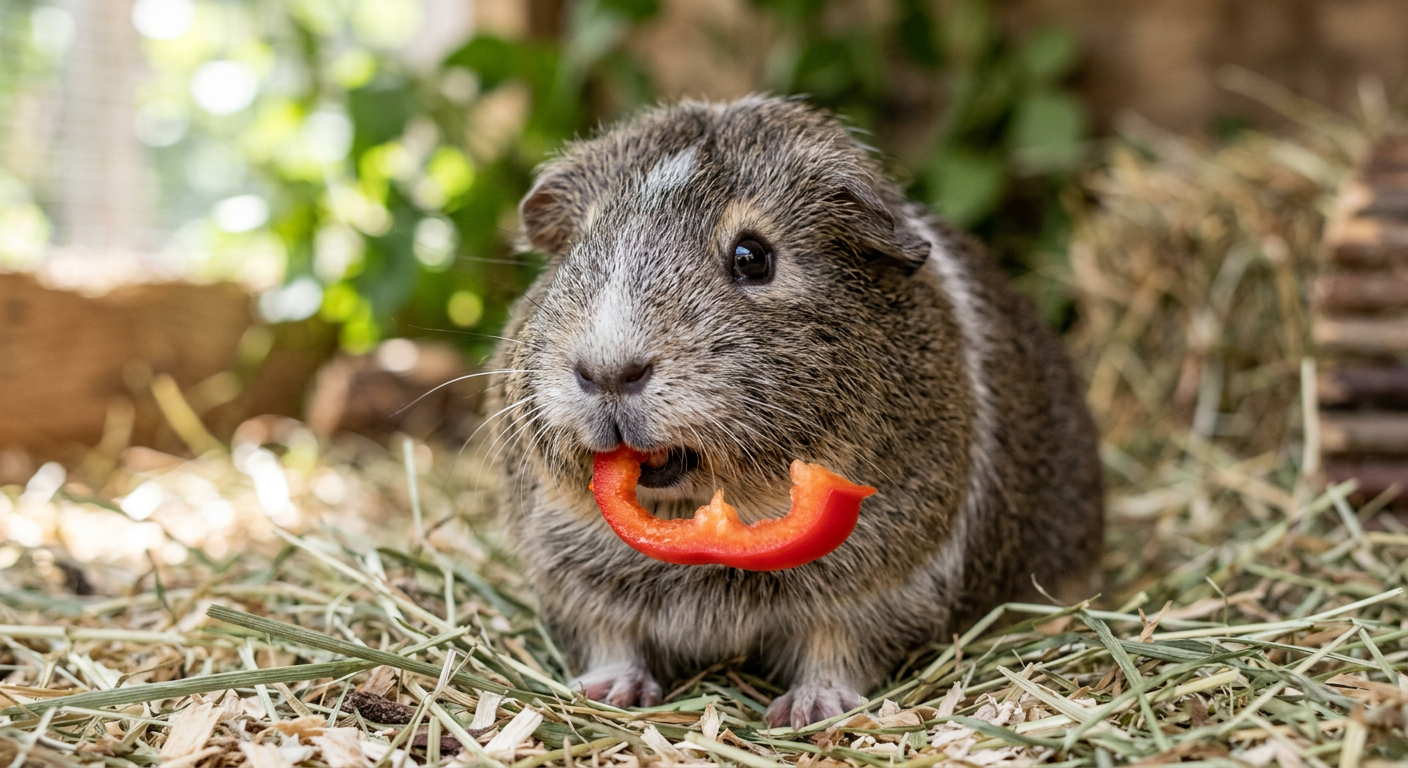 Close up of a senior American guinea pig eating a red bell pepper slice.