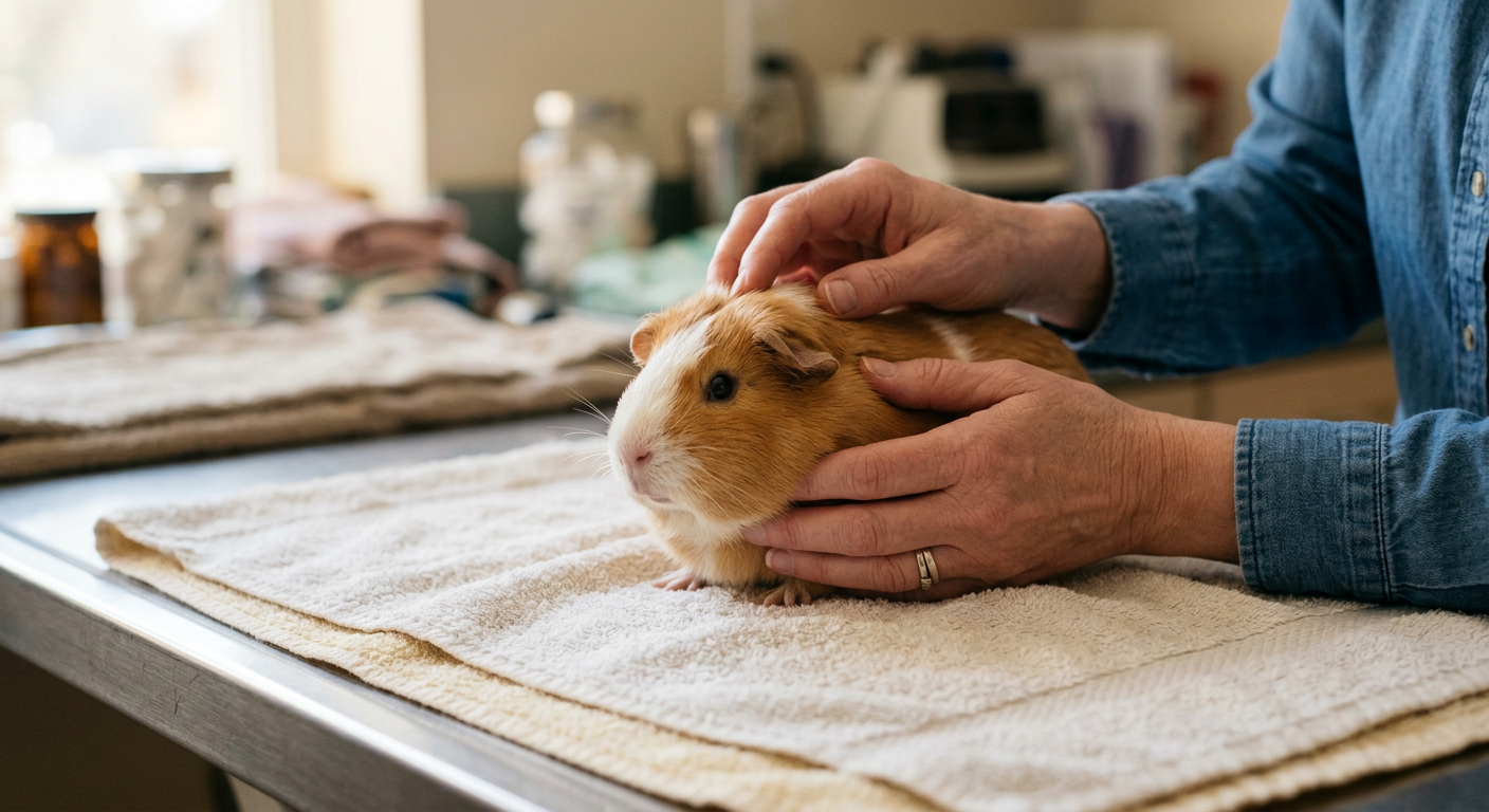 A person gently petting a guinea pig on a flat, safe surface during a health check.