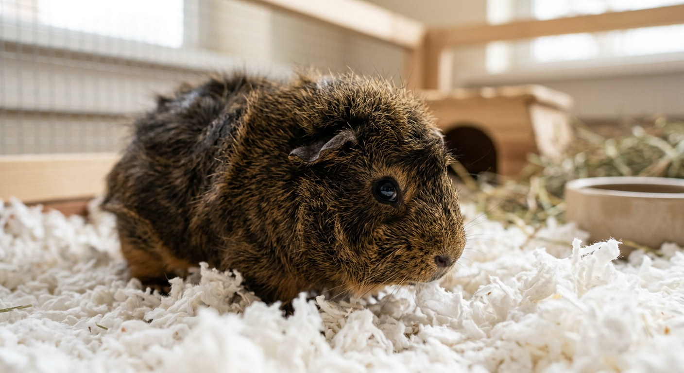 A brown and white Abyssinian guinea pig curiously sniffing at white paper-based bedding in a clean cage.