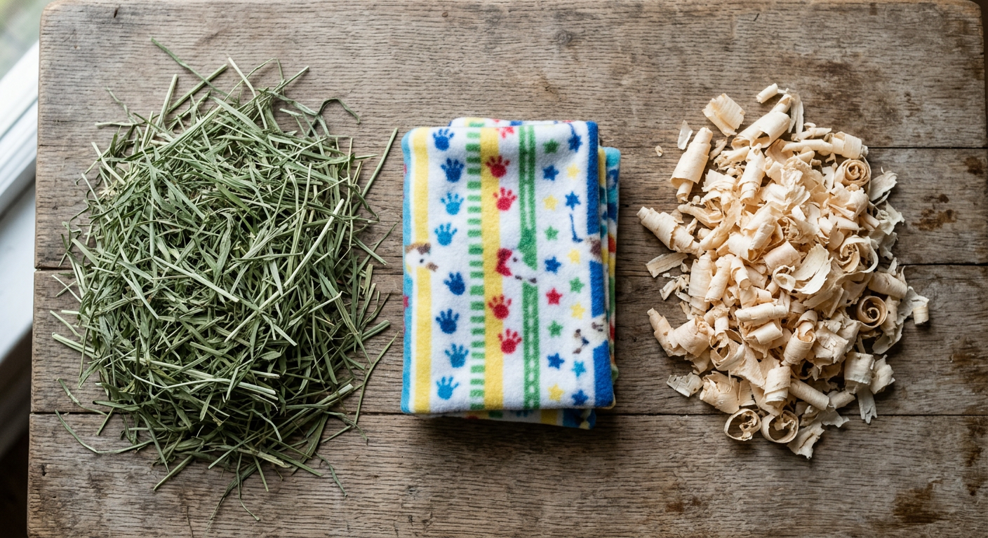 A variety of safe guinea pig bedding options including Timothy hay, fleece liners, and aspen shavings.
