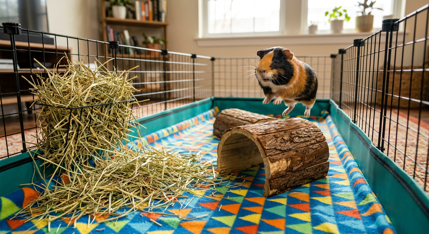 A happy guinea pig in a large cage with plenty of hay, wooden toys, and a fleece liner.