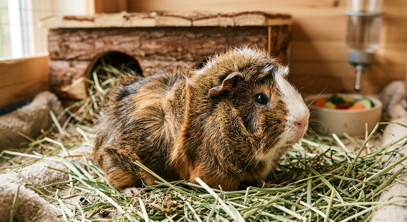An Abyssinian guinea pig with ruffled, multi-colored fur sitting in a clean wooden enclosure with hay.