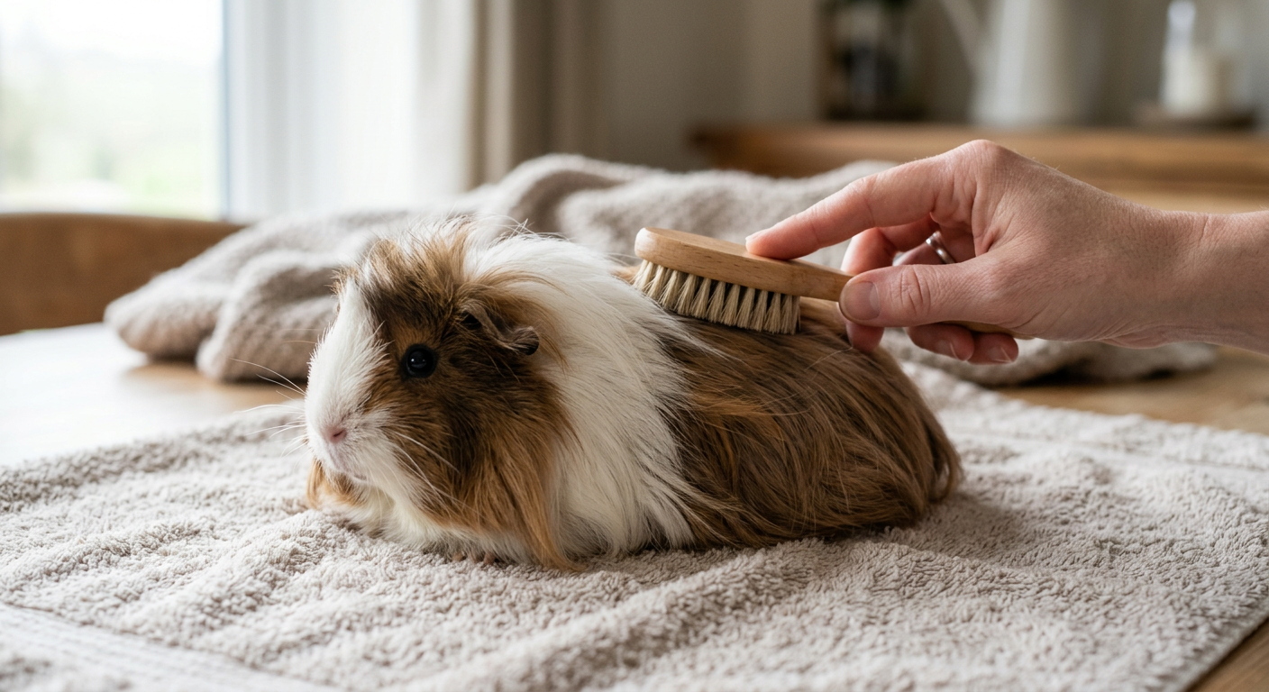 A person gently brushing a long-haired Peruvian guinea pig with a small soft-bristled brush.