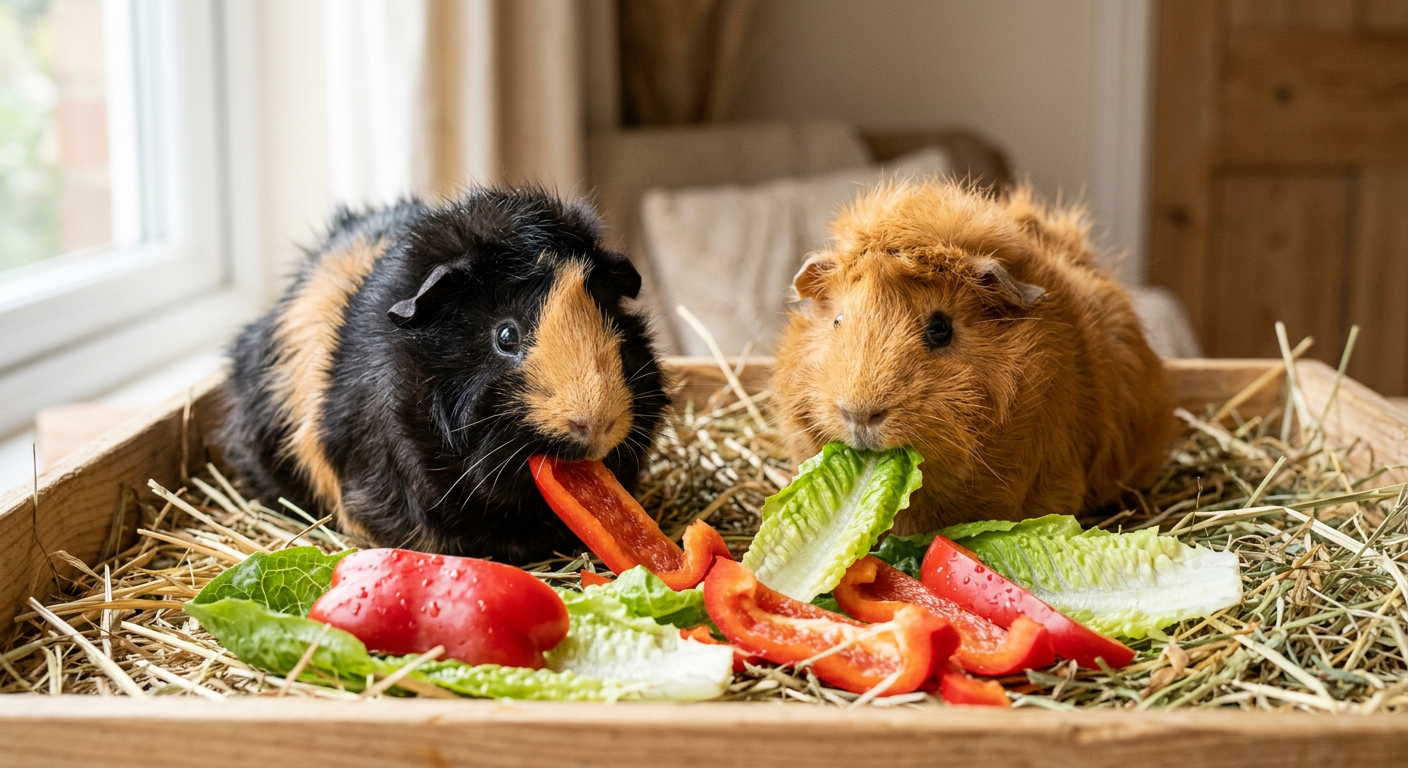 Two healthy guinea pigs eating fresh red bell peppers and leafy green lettuce in their cage.