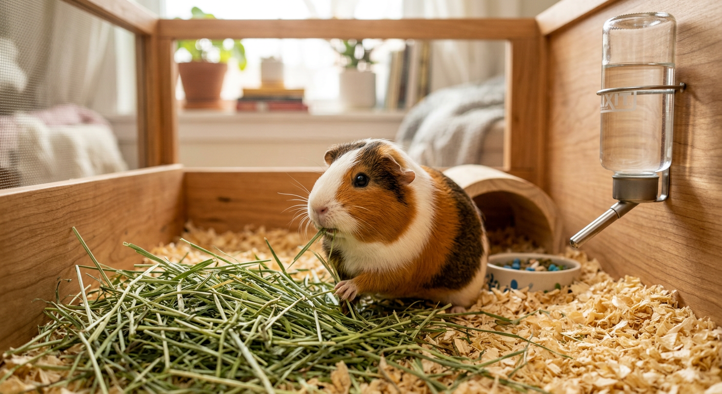 A healthy guinea pig resting comfortably in a clean habitat with fresh green hay.