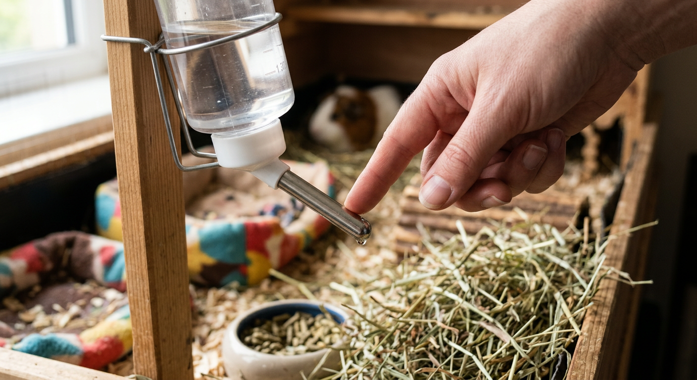 A close-up of a person checking the nozzle of a guinea pig water bottle in a clean cage.