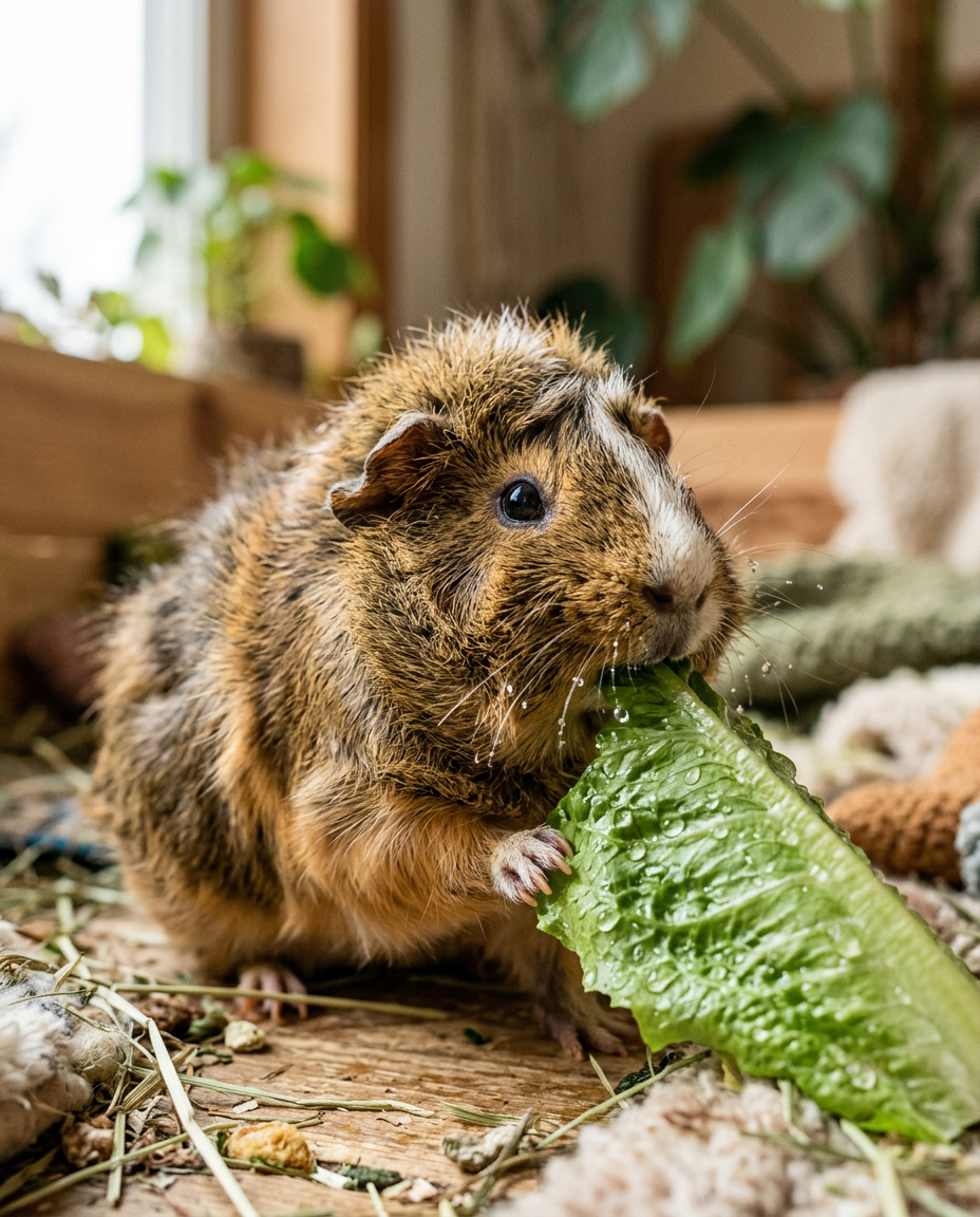 A multi-colored Abyssinian guinea pig happily nibbling on a fresh, wet piece of green romaine lettuce.