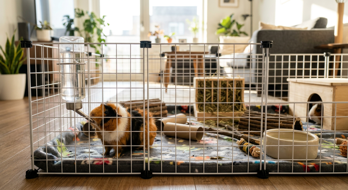 A spacious guinea pig cage with a water bottle and a ceramic bowl to provide hydration options.
