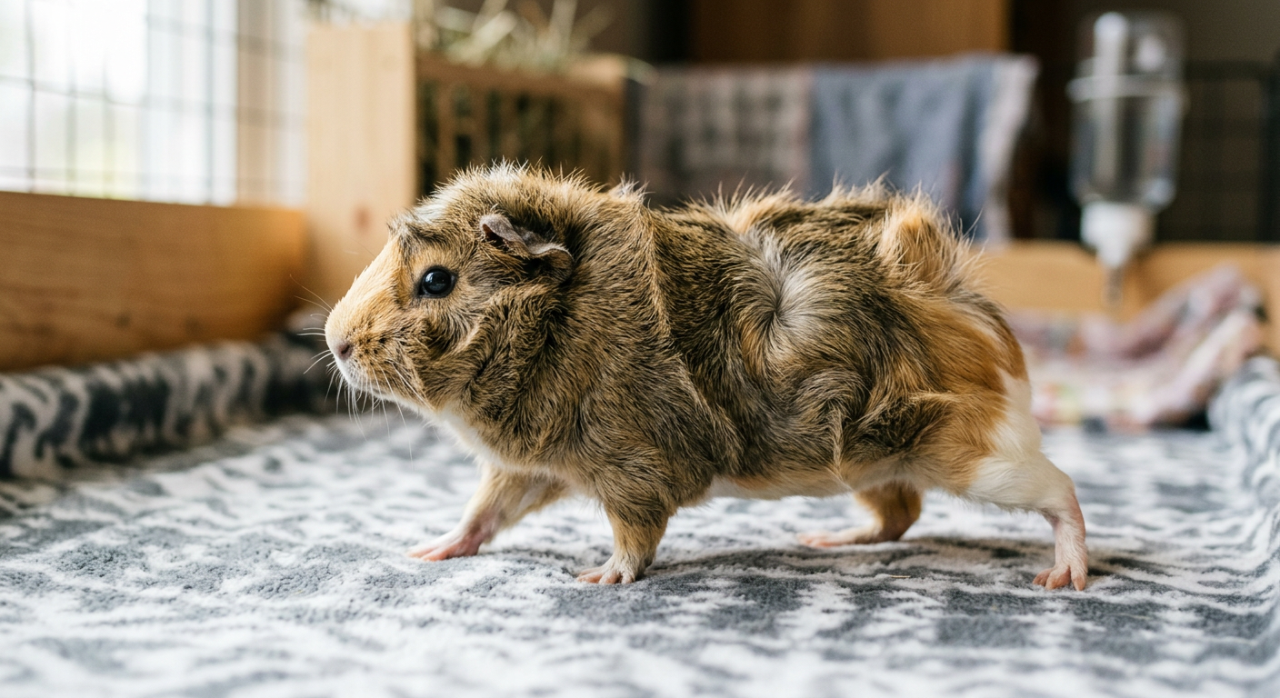 An Abyssinian guinea pig with ruffled fur performing a rumblestrut in a wooden enclosure.