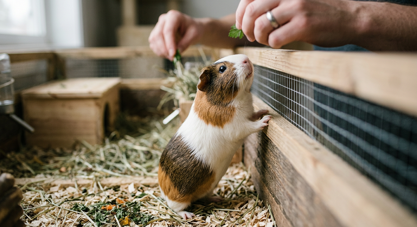 A curious American guinea pig looking up at its owner with an inquisitive expression.