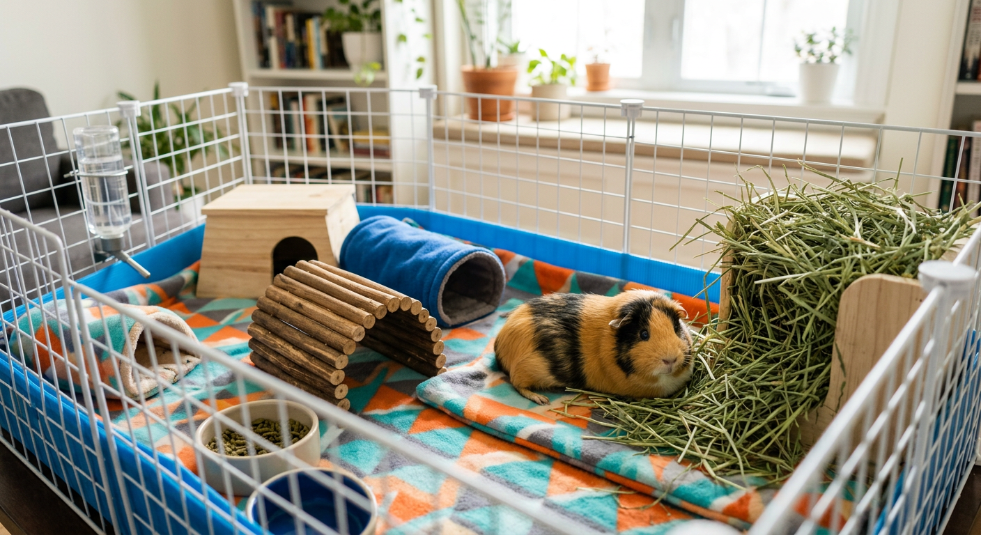 A spacious and clean guinea pig habitat with wooden hideouts and fresh hay.