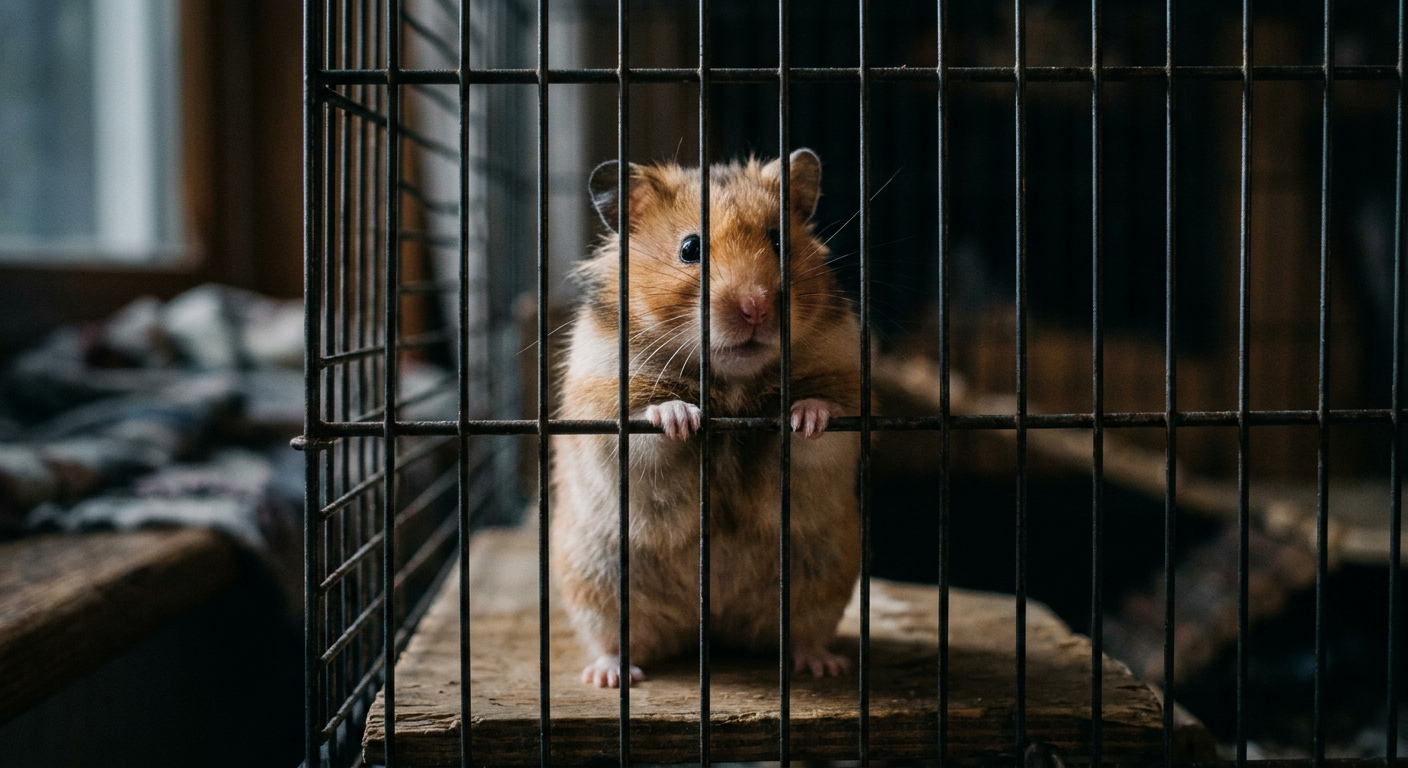 A Syrian hamster standing on its hind legs inside a wire cage during the night.