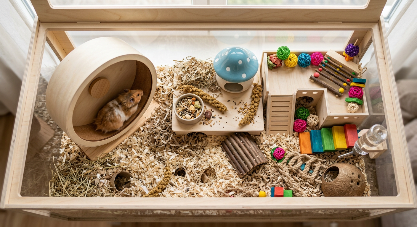 A large, well-decorated hamster enclosure with deep bedding and wooden toys.