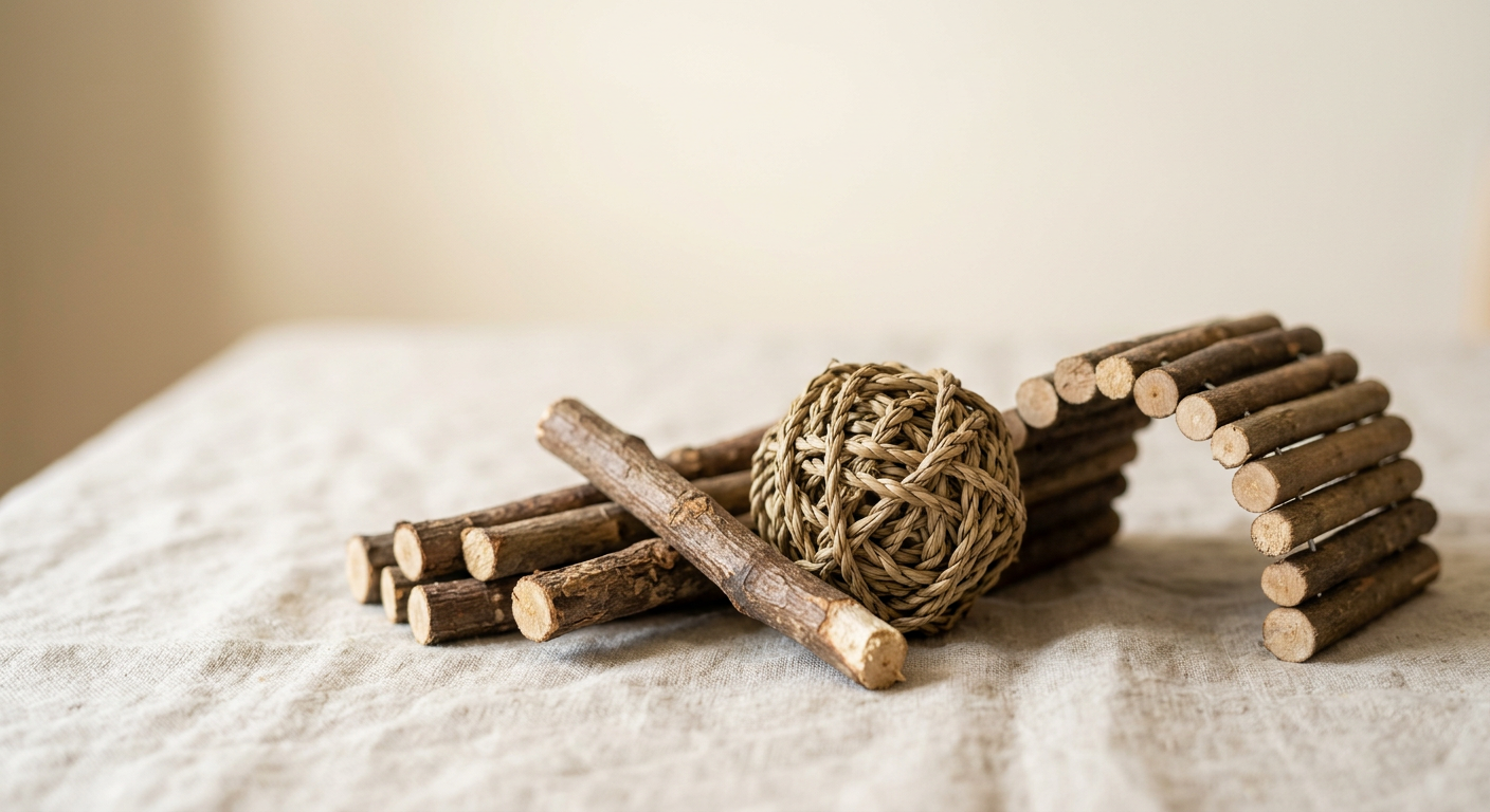 A variety of safe wooden and grass chew toys for small pets.