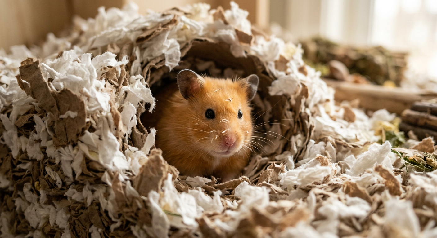 A cute Syrian hamster peeking out from a deep layer of colorful paper bedding and hay.