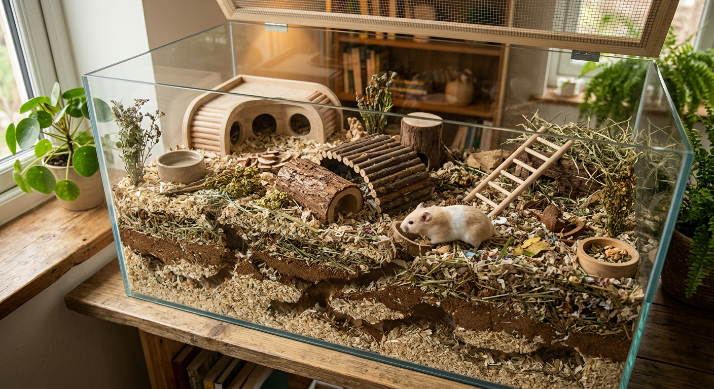 A large glass hamster enclosure with deep bedding showing intricate tunnel structures against the glass.