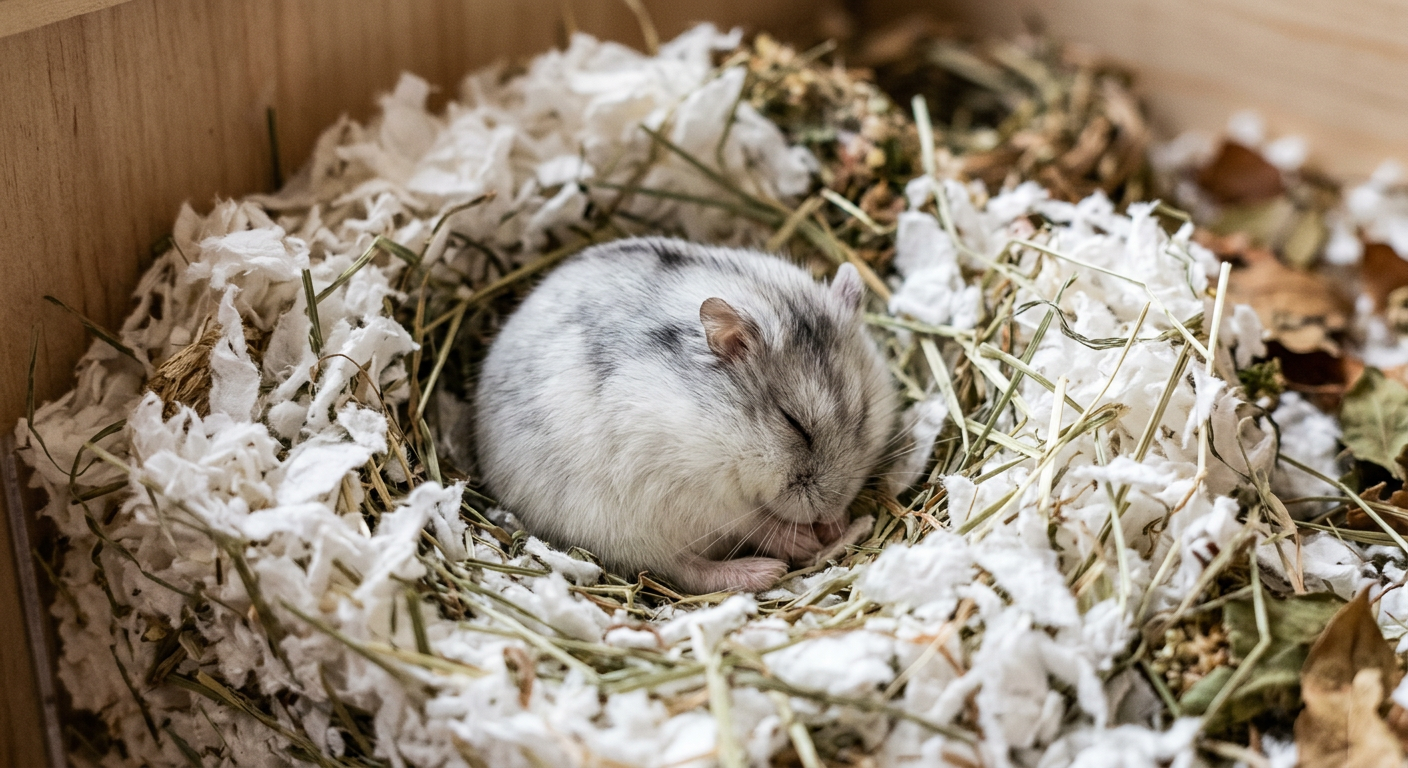 A Winter White dwarf hamster curled up in a soft nest of white tissues and shredded paper.