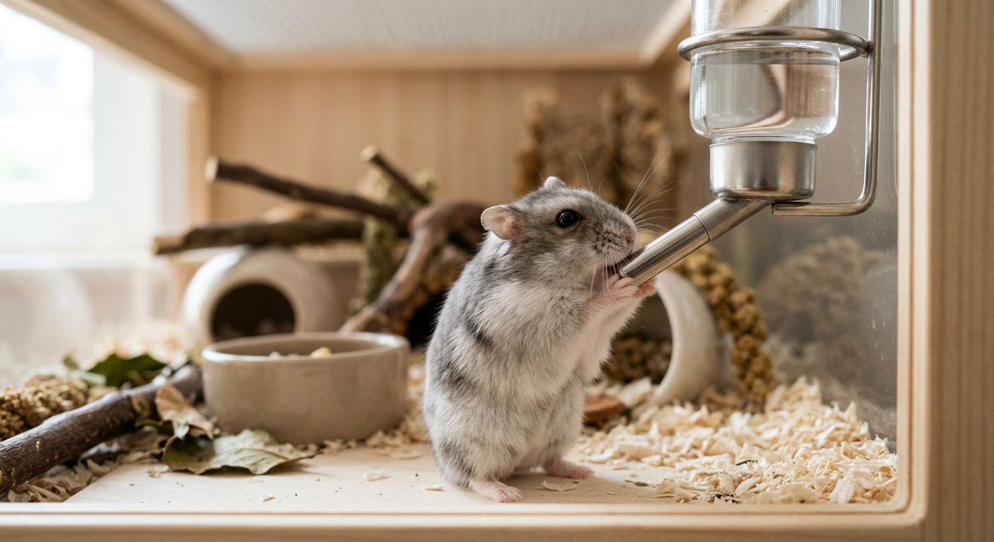 A small Winter White dwarf hamster standing on its hind legs to drink from a glass water bottle nozzle.