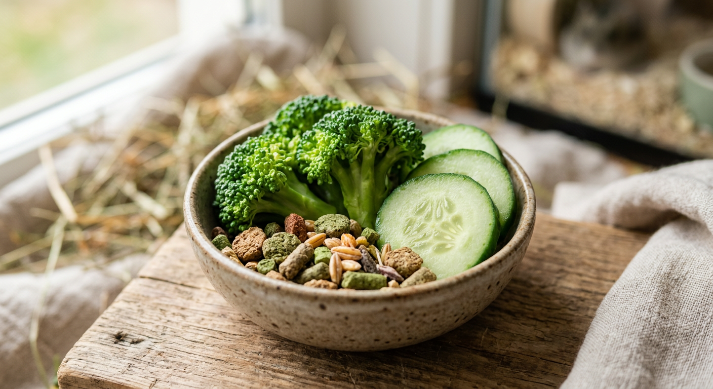 A variety of healthy hamster foods including leafy greens, seeds, and high-quality pellets on a wooden surface.