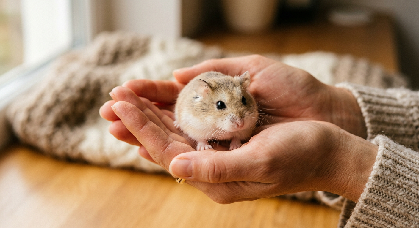 A small Roborovski hamster sitting in a person's open palm looking curious and calm.