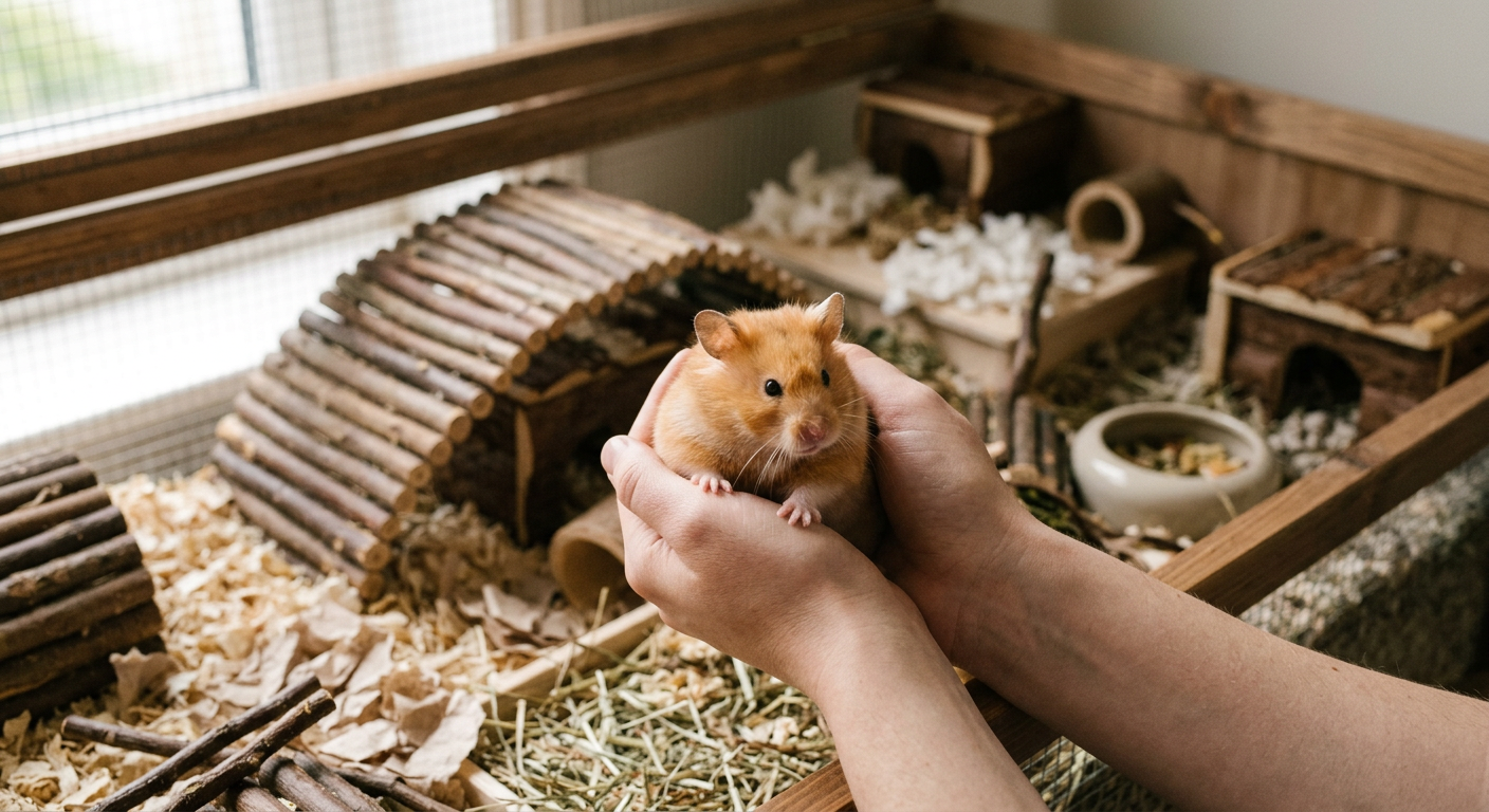 A Syrian hamster being gently scooped up from its wooden enclosure with two hands.