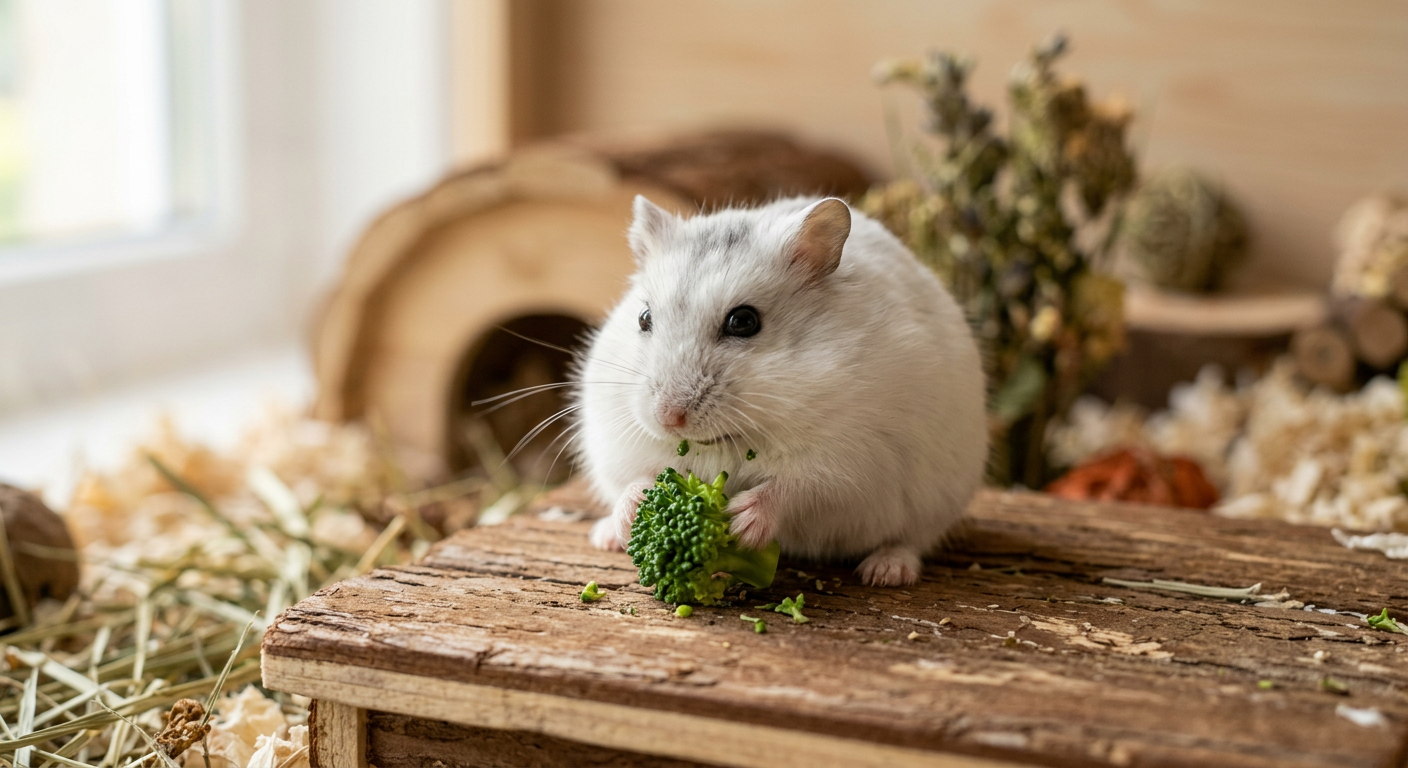 A happy Winter White dwarf hamster eating a small piece of broccoli on a wooden platform.