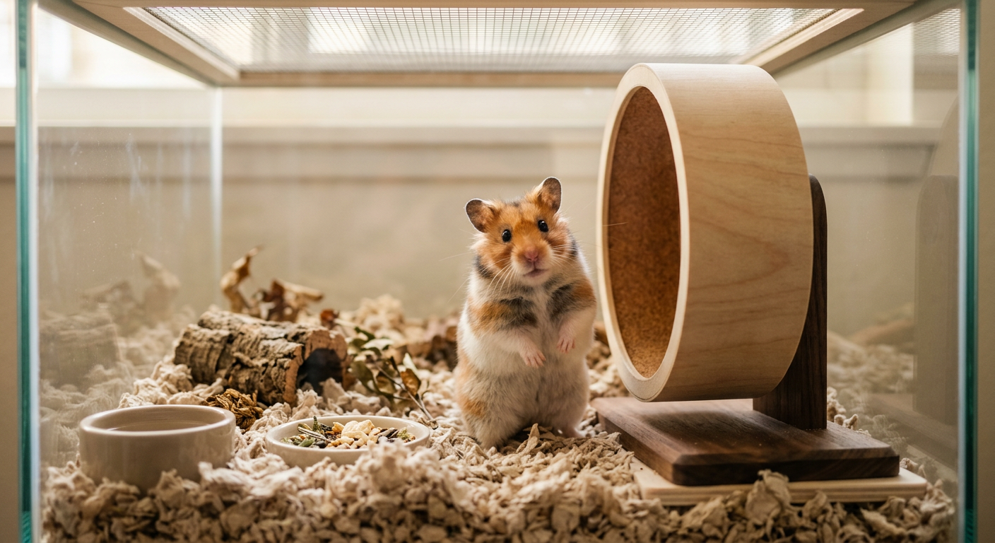 A Syrian hamster standing next to a silent wooden exercise wheel in a clean habitat.