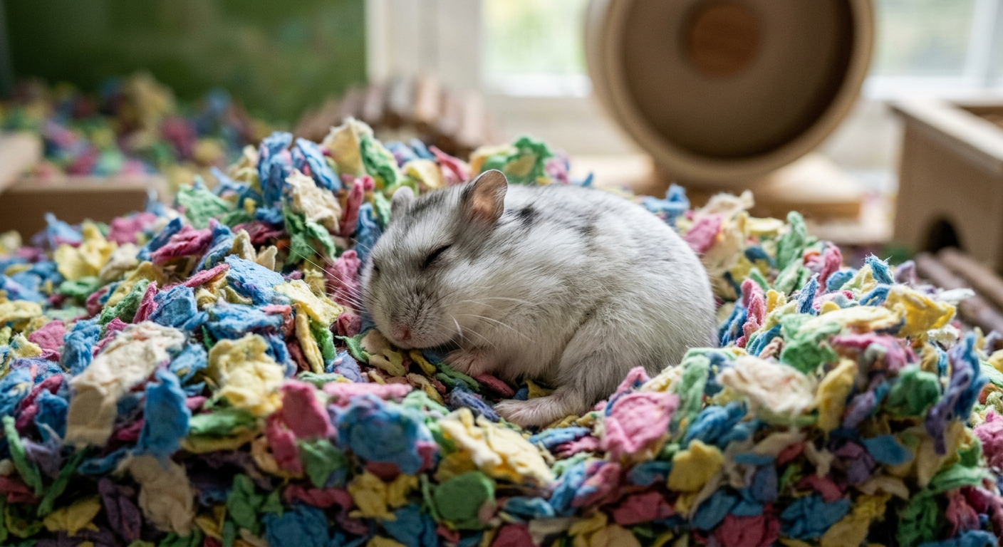 A close up of a dwarf hamster resting in colorful bedding instead of running.
