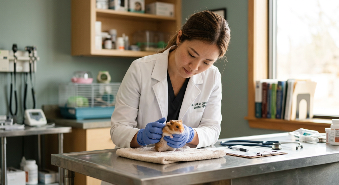 A veterinarian gently examining a small hamster in a brightly lit clinic.