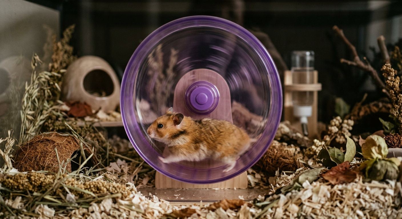 A Syrian hamster with golden fur running energetically on a large, solid-surface exercise wheel at night.